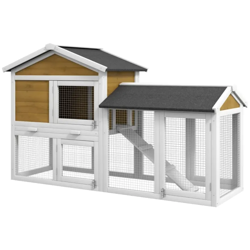 Double Tier Wooden Rabbit Hutch with Outdoor Run - Yellow