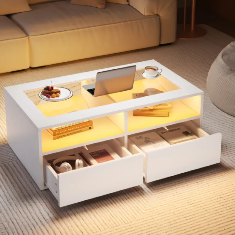 Rectangular Coffee Table, High Gloss and Tempered Glass in White, with 2 Drawers and LED Lights