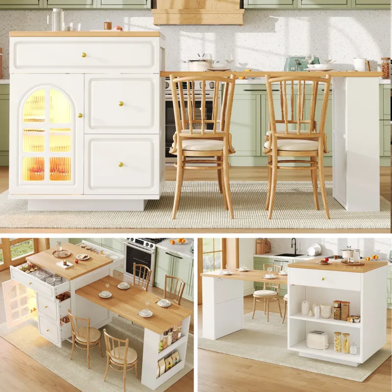 Extendable Kitchen Island Bar Table with 4 Drawers and LED Lighting
