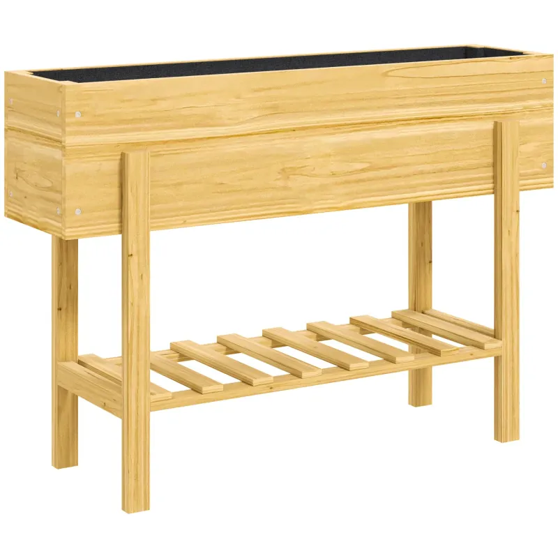 100cm Wooden Raised Garden Bed with Storage Shelf and Liner - Natural Wood Finish