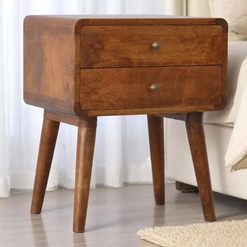 Solid Wood Curved 2-Drawer Bedside Table - Chestnut Brown