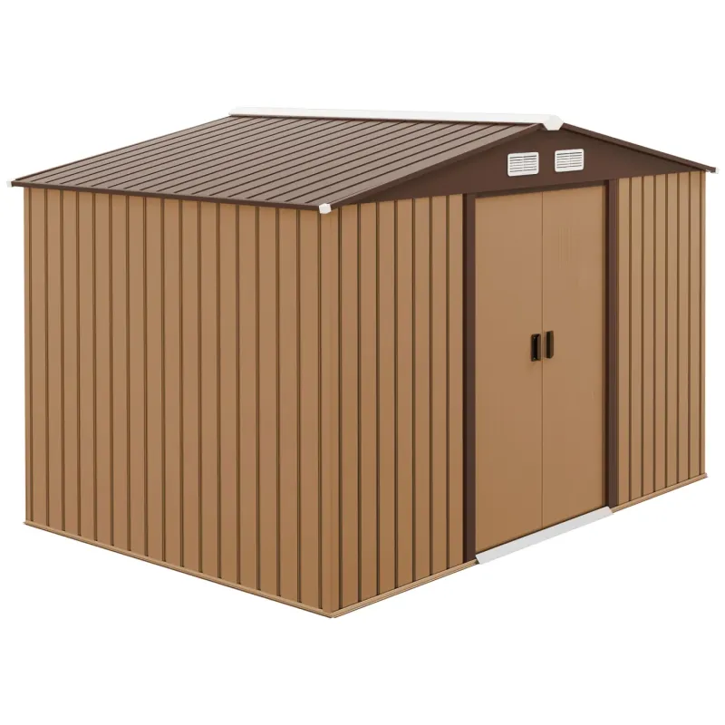  9 x 6ft Metal Garden Storage Shed with Foundation Kit and Sliding Doors - Light Brown