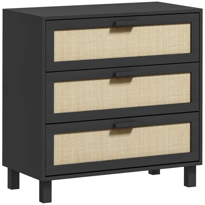 Black 3-Drawer Rattan Chest of Drawers - Boho Storage Unit