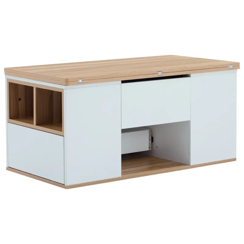 White & Oak Lift-Top Coffee Table with Storage Drawers and Extending Surface