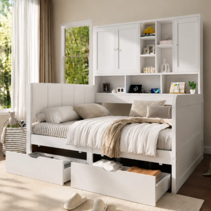 White 3FT Single Multifunctional Storage Bed with Overbed Cabinets, 2 Drawers & LED Lighting