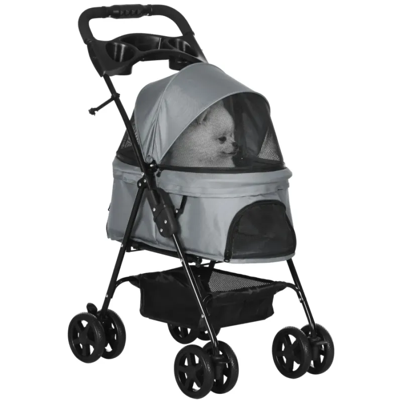 Folding Pet Stroller with Adjustable Canopy and Storage - Grey
