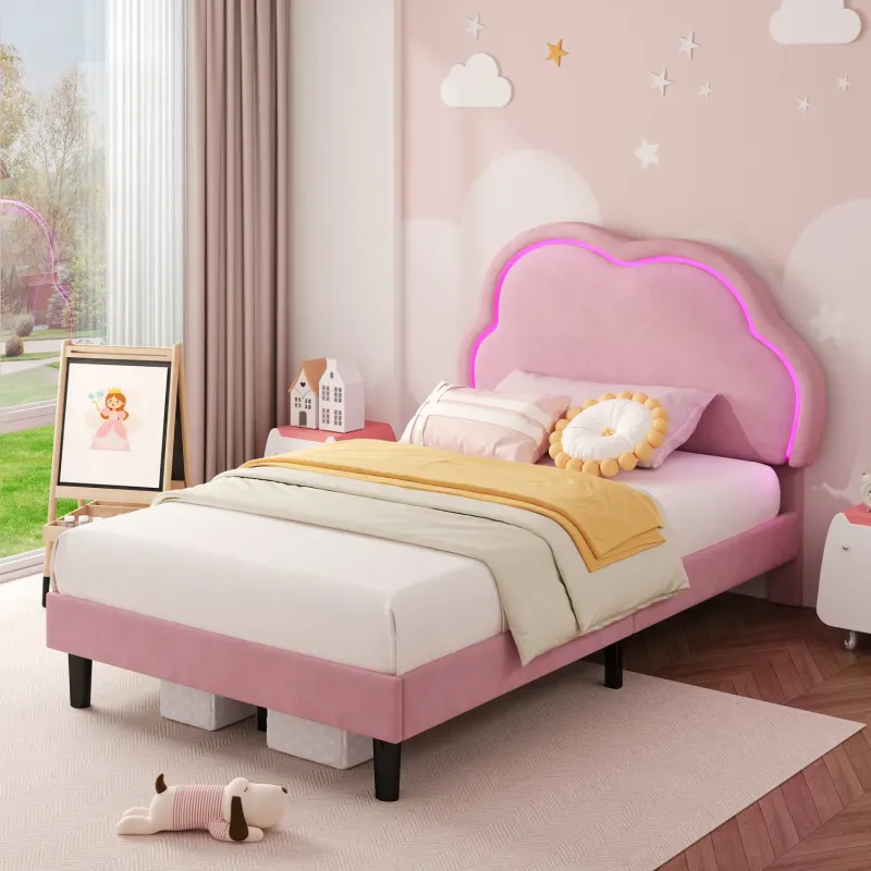 Single Pink Velvet Upholstered Bed with LED Cloud Headboard