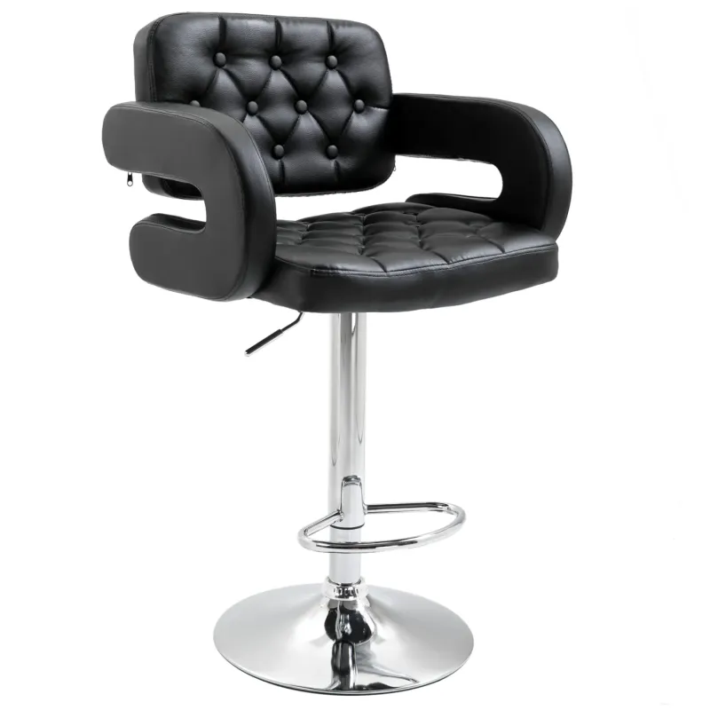 Bar Stool, Adjustable Height, Faux Leather in Black with Armrests and Swivel