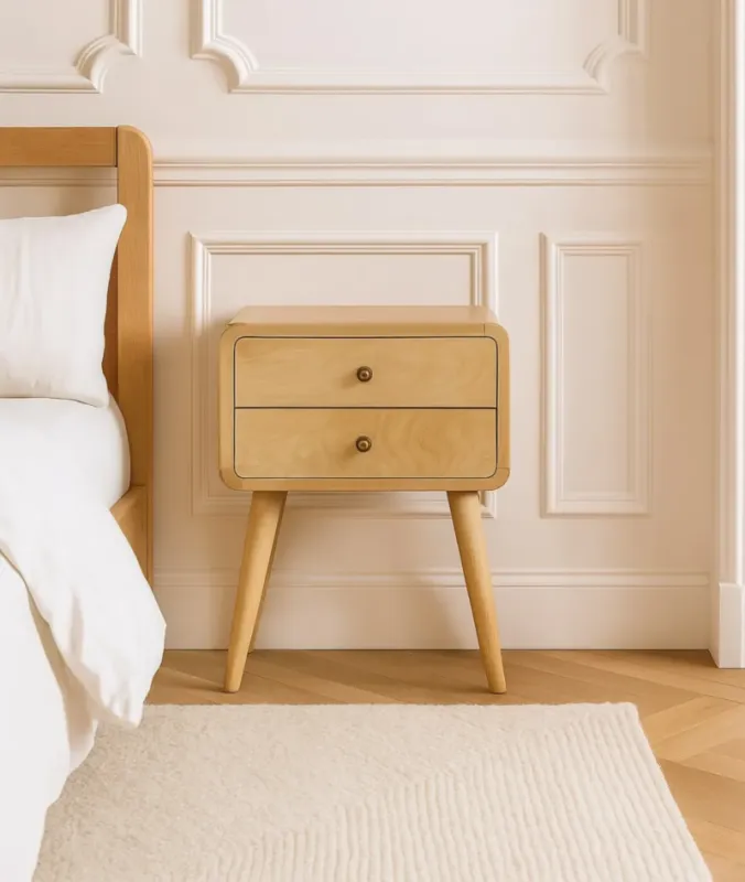 Solid Mango Wood 2 Drawer Bedside Table with Curved Edges in Oak-ish Finish