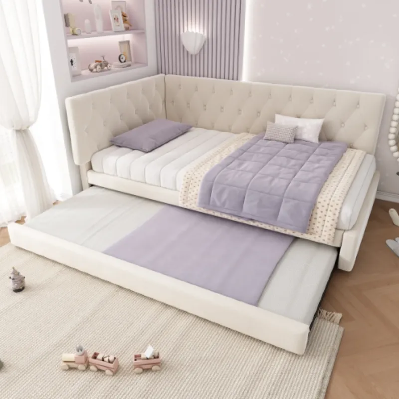 Beige Velvet 3FT Single Daybed with Pull-Out Guest Trundle