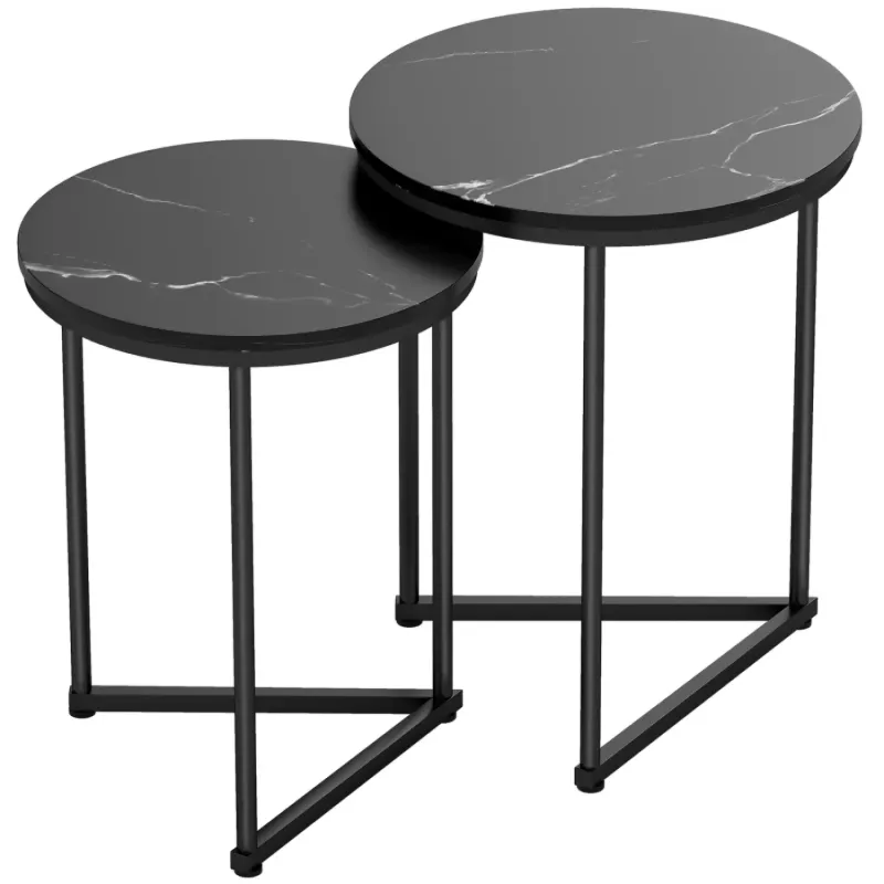  Set of 2 Black Marble-Effect Nesting Side Tables