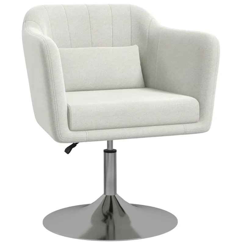 Linen-Feel Swivel Armchair, in Cream White, with Height Adjustment and Pillow