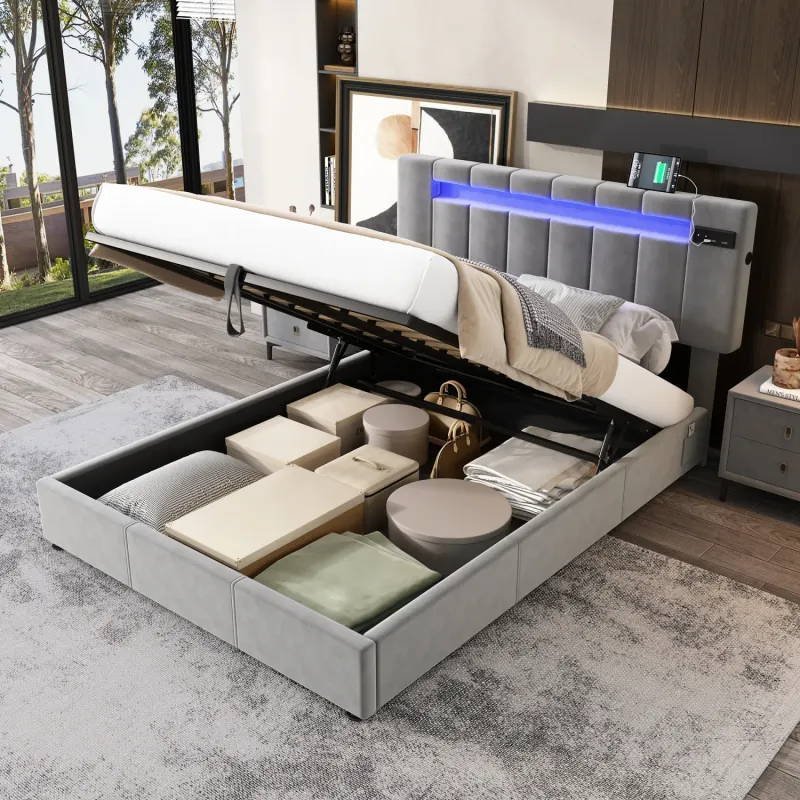 Grey Velvet 4ft6 Double Ottoman Bed with Bluetooth Speakers and LED Lighting