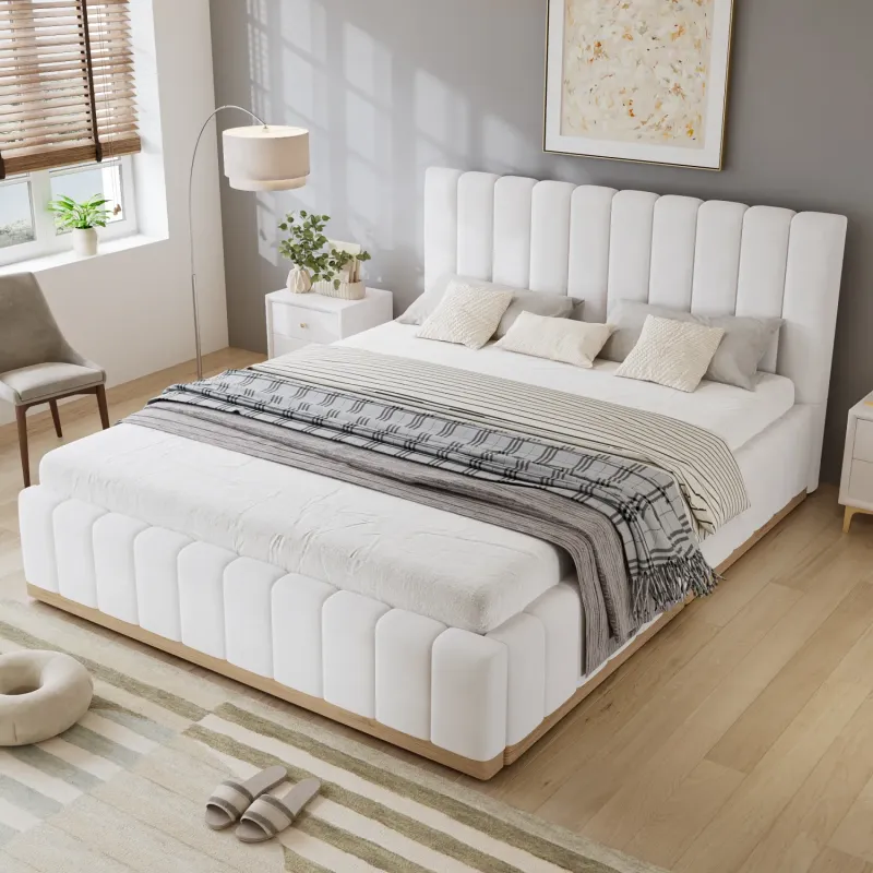 Upholstered 4ft6 Double Bed Frame with Padded PU Headboard - Beige