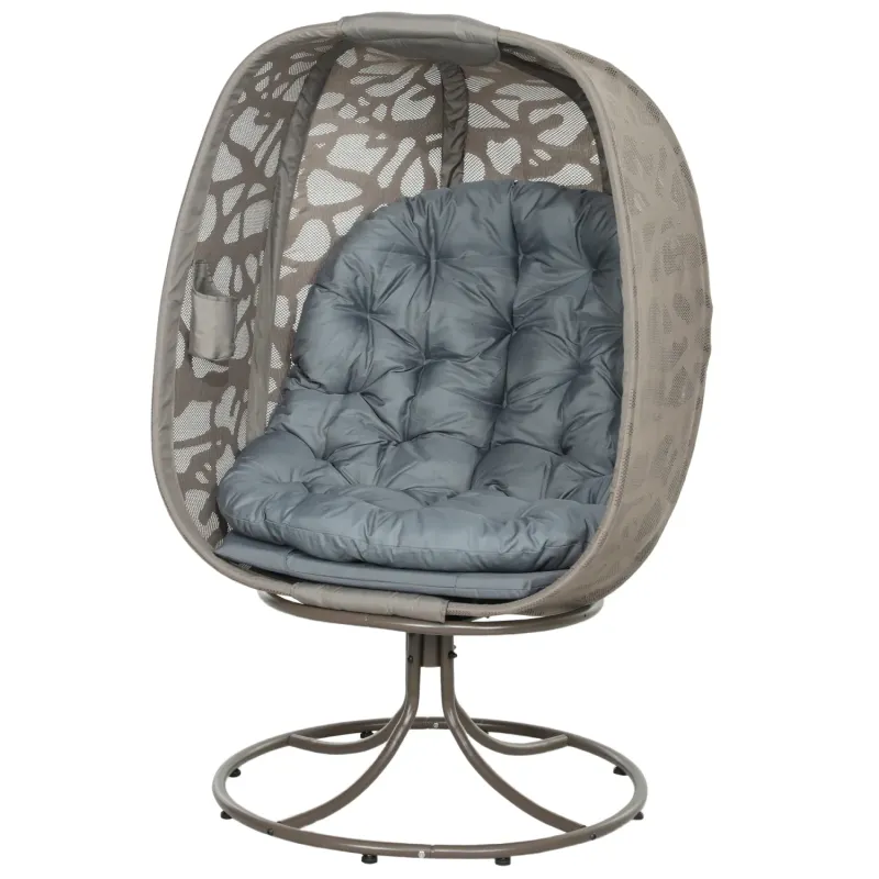  Swivel Egg Chair with Cushions and Foldable Basket - Grey