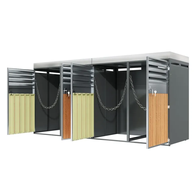 4-Door Quad Wheelie Bin Storage Unit with Built-in Planters - Wood Grain & Grey