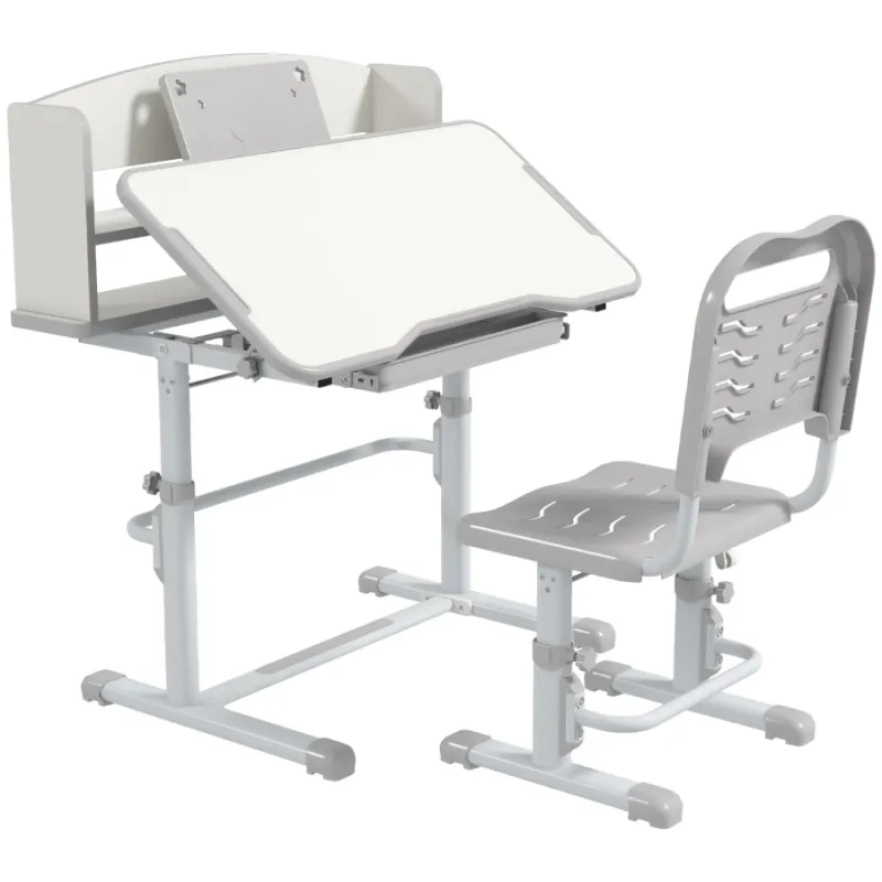 Height Adjustable Kids' Study Desk and Chair Set with Drawer and Storage Shelf - Grey