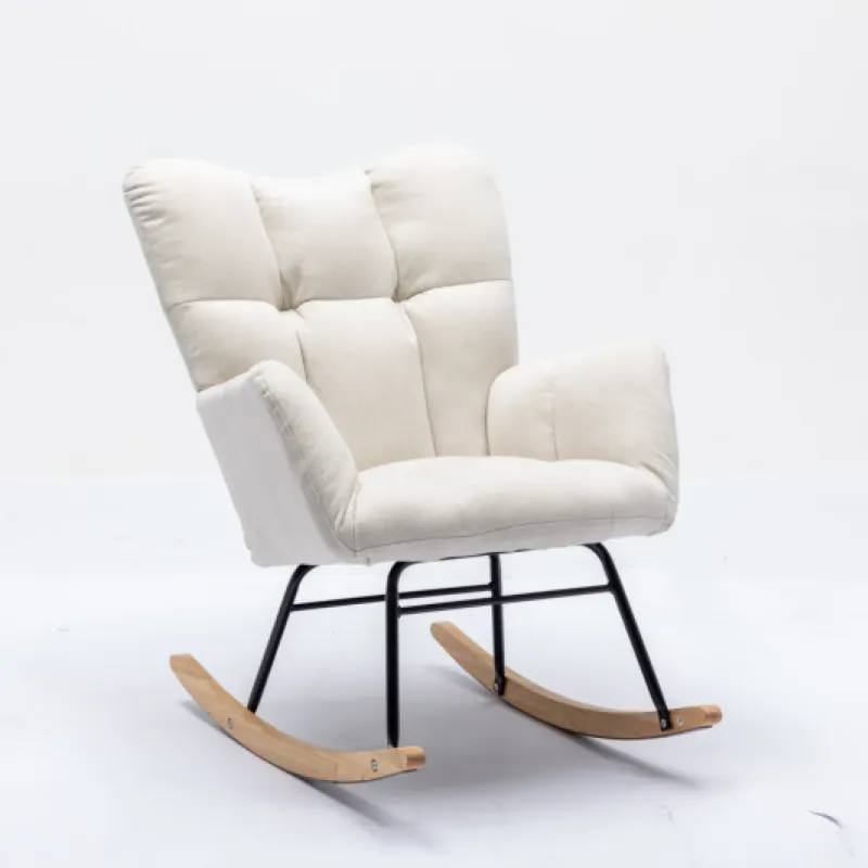 Mid-Century Modern Ivory Flax Fabric Tufted Rocking Chair