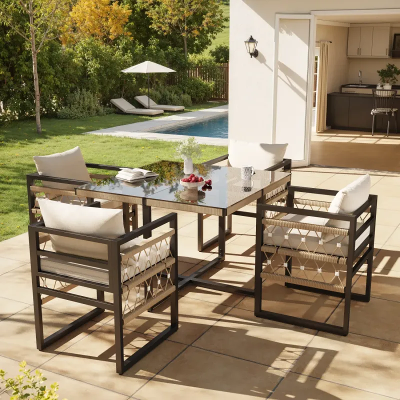 Hand-Woven Steel 4 Seater Garden Dining Set in Beige, with a Square Glass Table & Space-Saving Design
