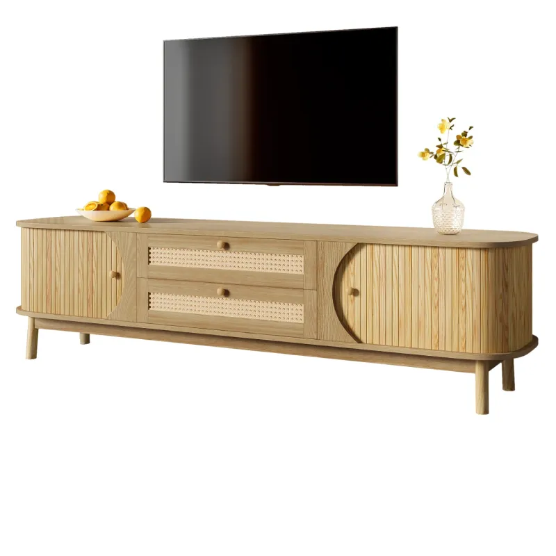 Wood-Blend and Rattan TV Unit, 170cm, in Natural Wood, with Sliding Doors and Drawers