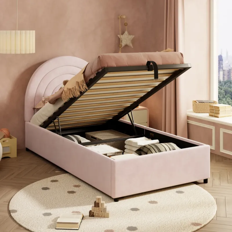 3ft Single Velvet Ottoman Storage Bed in Pink