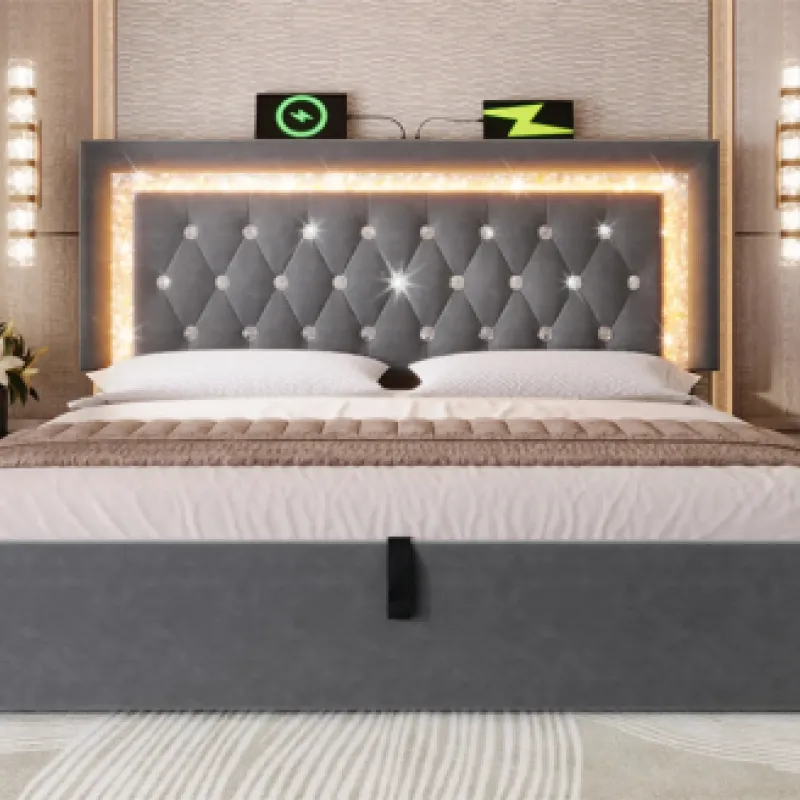 Super King Grey Velvet Hydraulic Storage Bed with LED Headboard and USB Charging