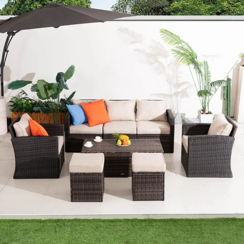 7-Seater Rattan Garden Sofa Set with Modular Seating and Coffee Table
