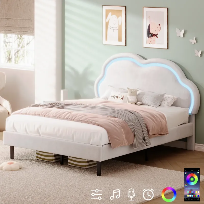 Cloud Upholstered Double Bed Frame with LED Headboard - Cream White