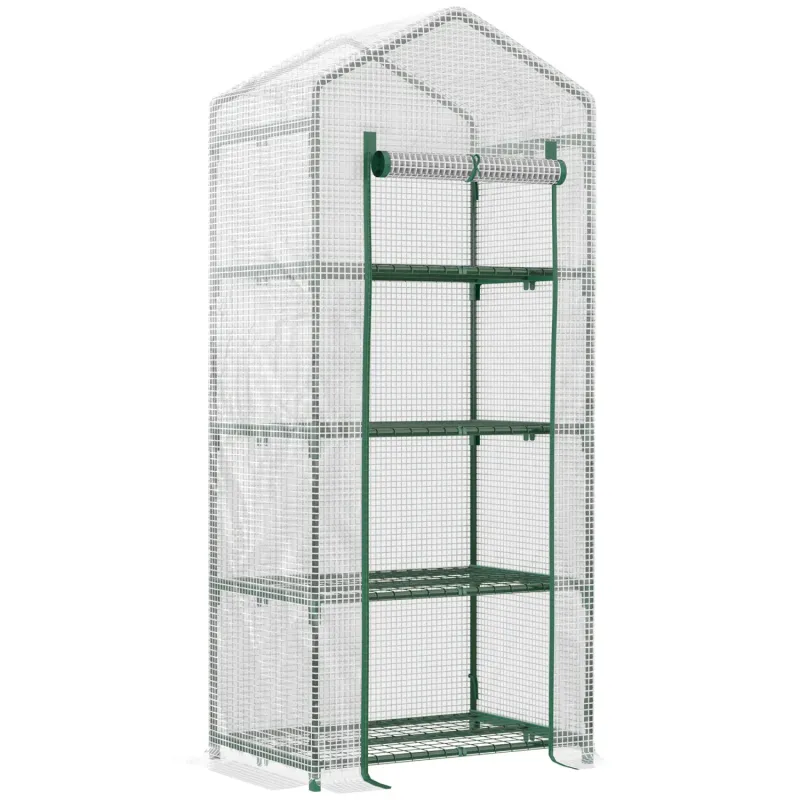 4 Tier Mini Greenhouse with Steel Frame and PE Cover - White