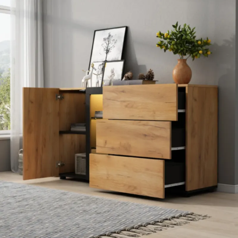 Modern 140cm Sideboard with App-Controlled RGB LEDs, 3 Drawers and Glass Shelves - Black & Brown