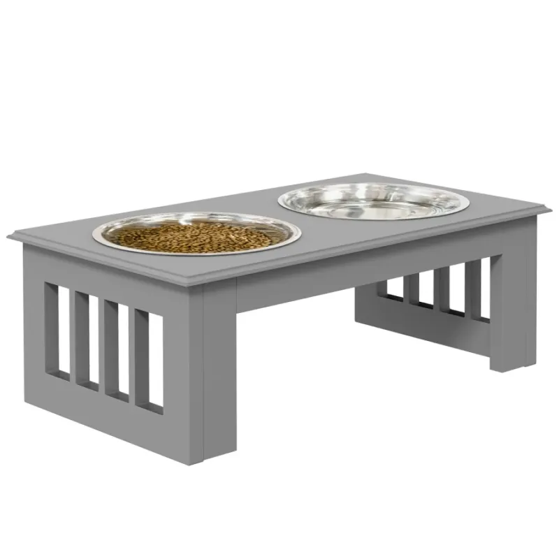 Raised Dog Feeding Station with Stainless Steel Bowls - Grey