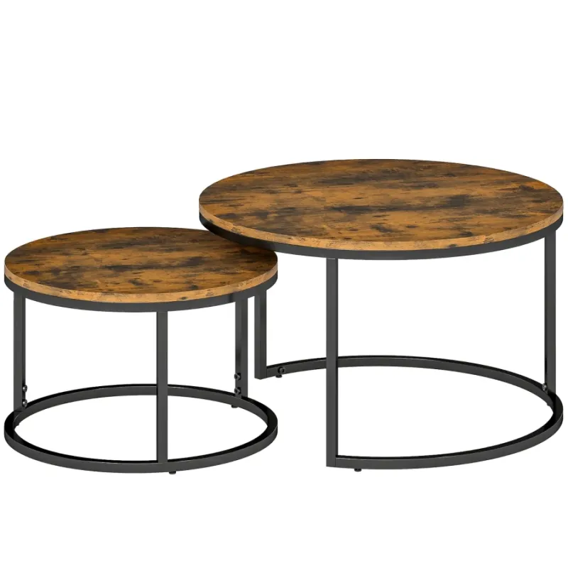  Nesting Coffee Table Set of 2, Round Stacking Side Tables with Wood Effect Top - Rustic Brown