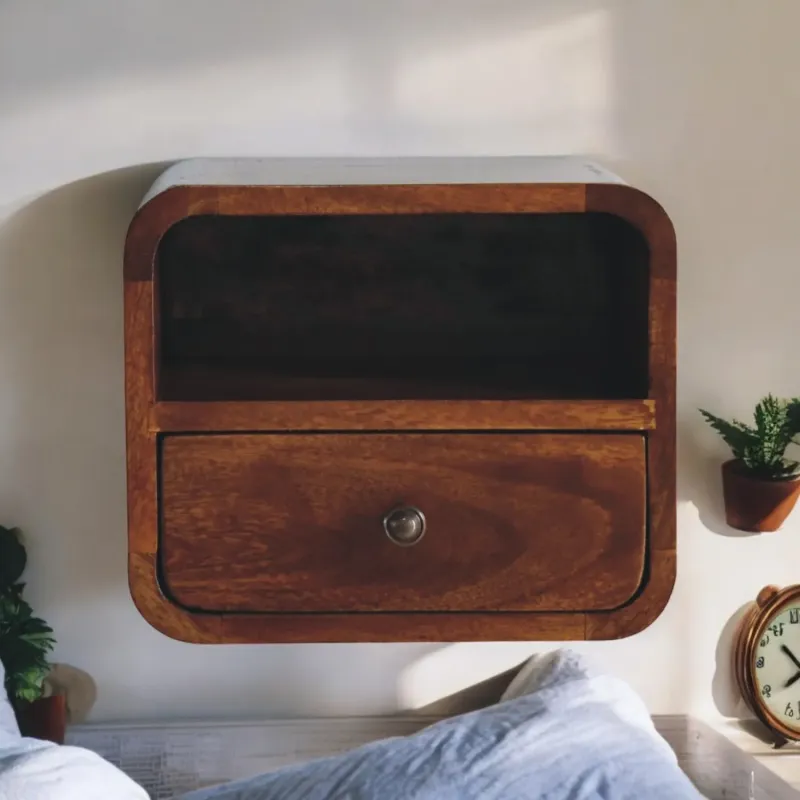 Extra Mini Curved Solid Wood Wall Mounted Bedside Table, Dark Brown