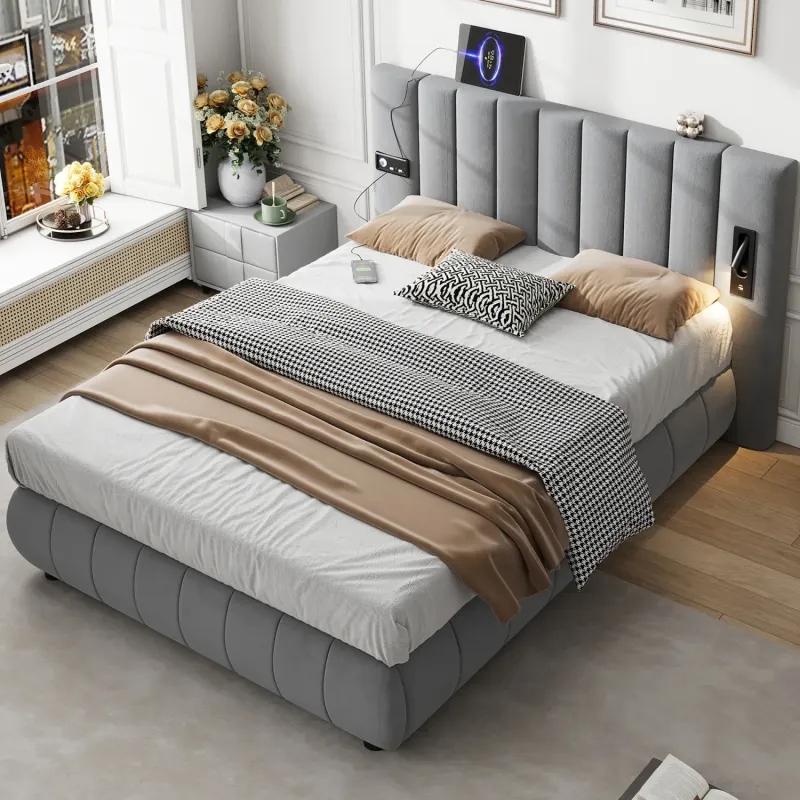 Grey Velvet 4ft6 Double Upholstered Bed with Integrated Speakers, USB Charging and Reading Light