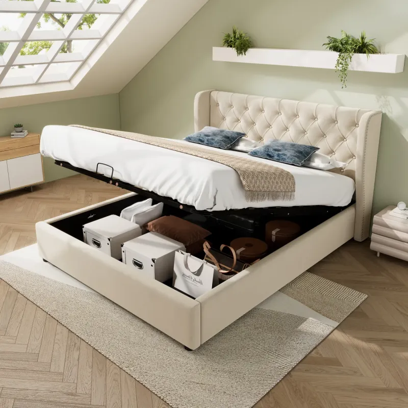Velvet Upholstered Ottoman Storage Bed, Beige, 135 x 190 cm