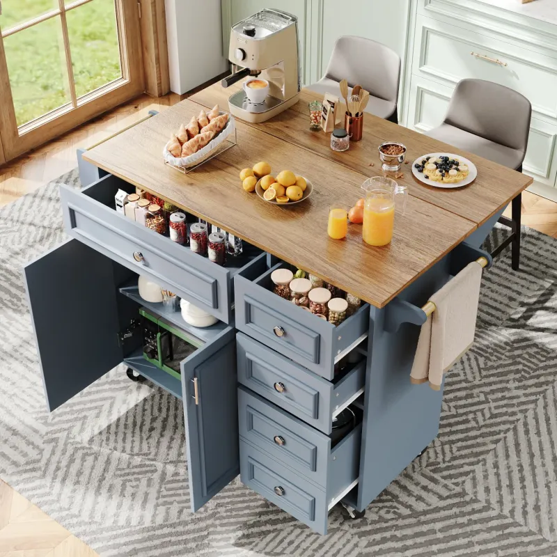 Kitchen Island with Folding Breakfast Bar and Adjustable Storage - Blue