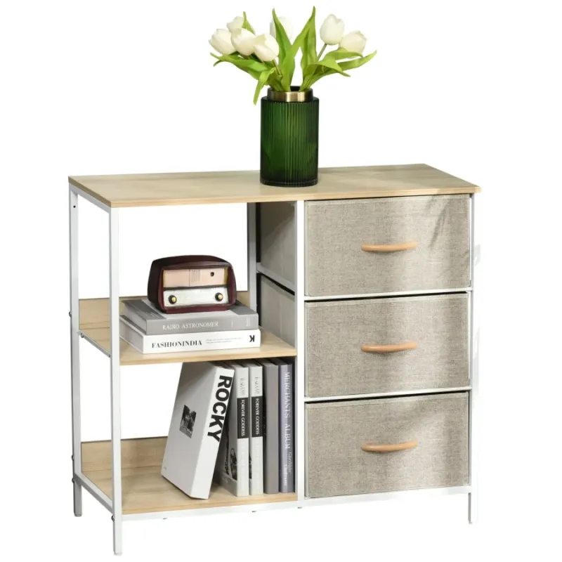 Chest of Drawers with 3 Fabric Drawers and 2 Shelves - Beige
