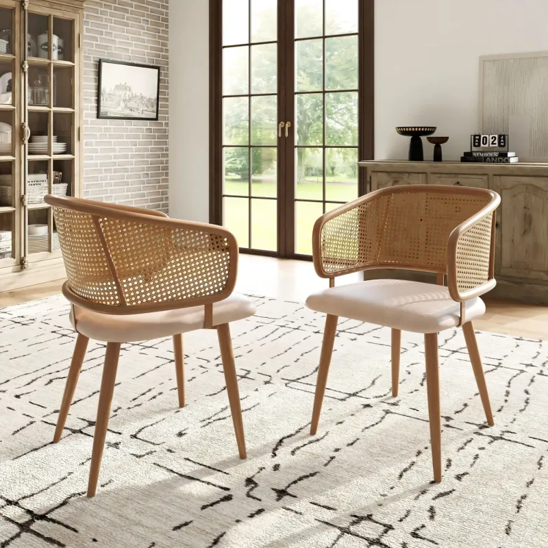 Set of 2 Modern Dining Chairs with Rattan Backrest and Beige PU Leather Seats