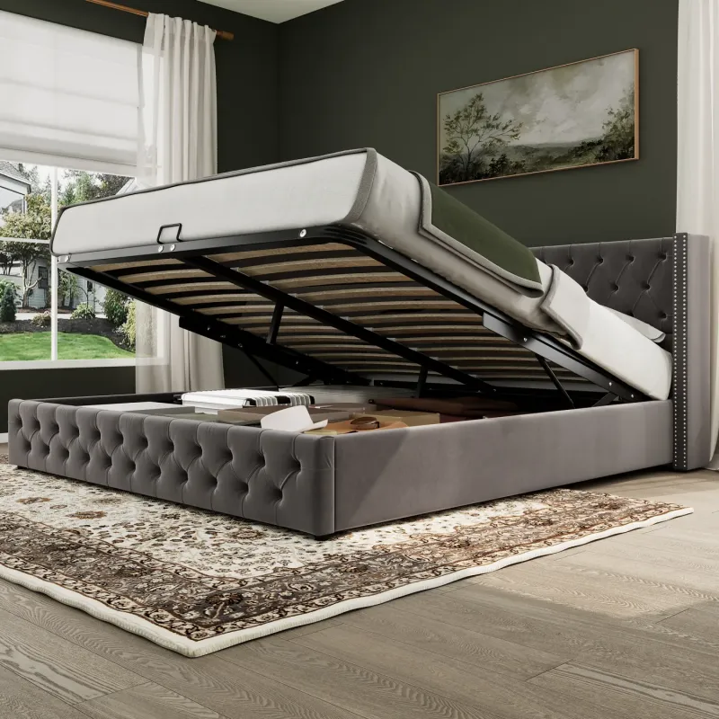 Velvet Ottoman Storage Bed, 150 x 200 cm - Grey