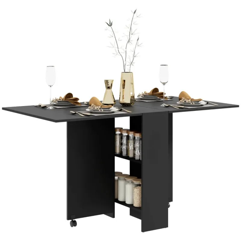 Extendable Drop Leaf Dining Table with Storage Shelves and Castors
