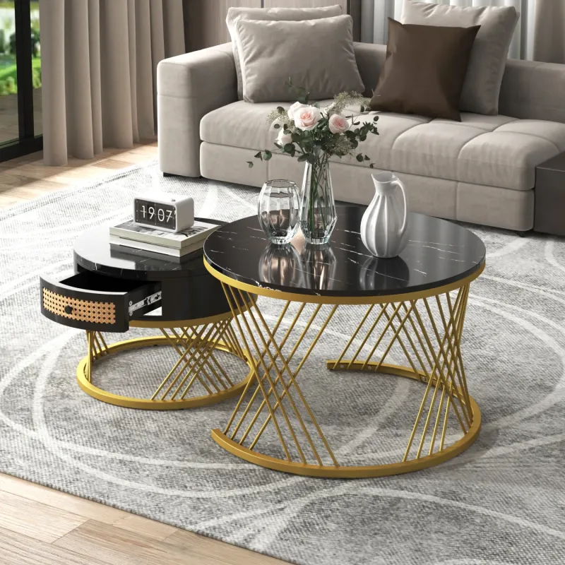 Round Nesting Coffee Table Set of 2 with Marble Effect Top and Rattan Drawer