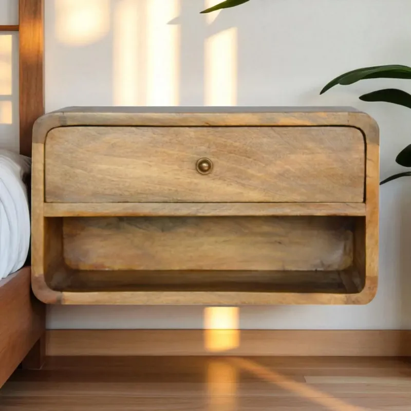 Solid Mango Wood Floating Bedside Table with 1 Drawer and Open Slot, Brown