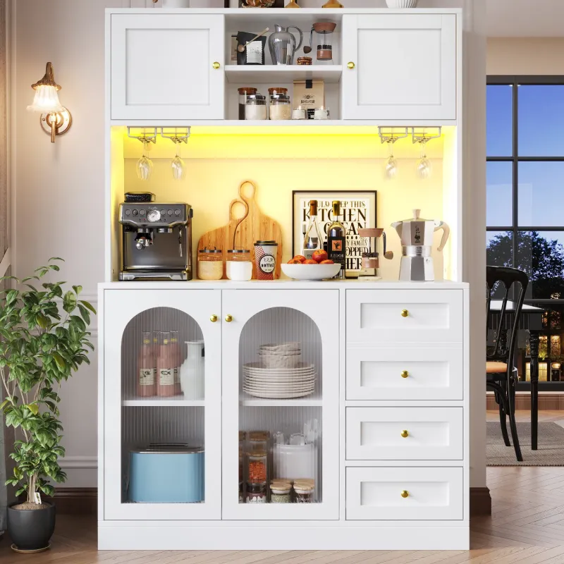 Kitchen Larder Cupboard with Fluted Glass Doors and LED Lighting, 120cm, White
