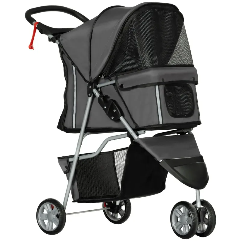 3-Wheel Foldable Pet Stroller for Small Dogs with Mesh Ventilation - Charcoal Grey
