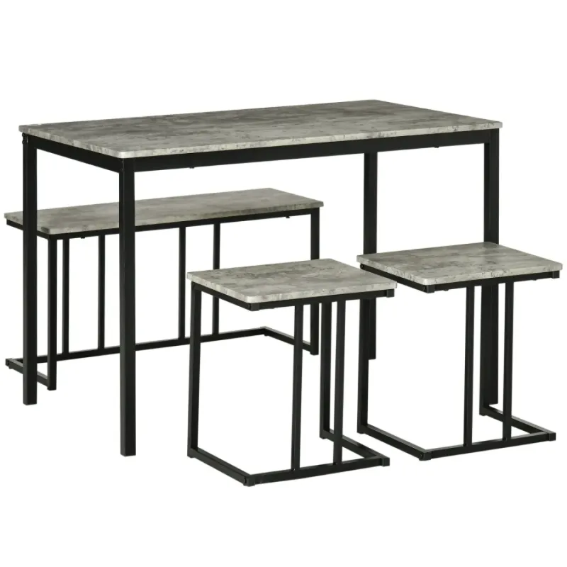 4-Seater Concrete Effect Dining Table, Bench and Stool Set - Grey