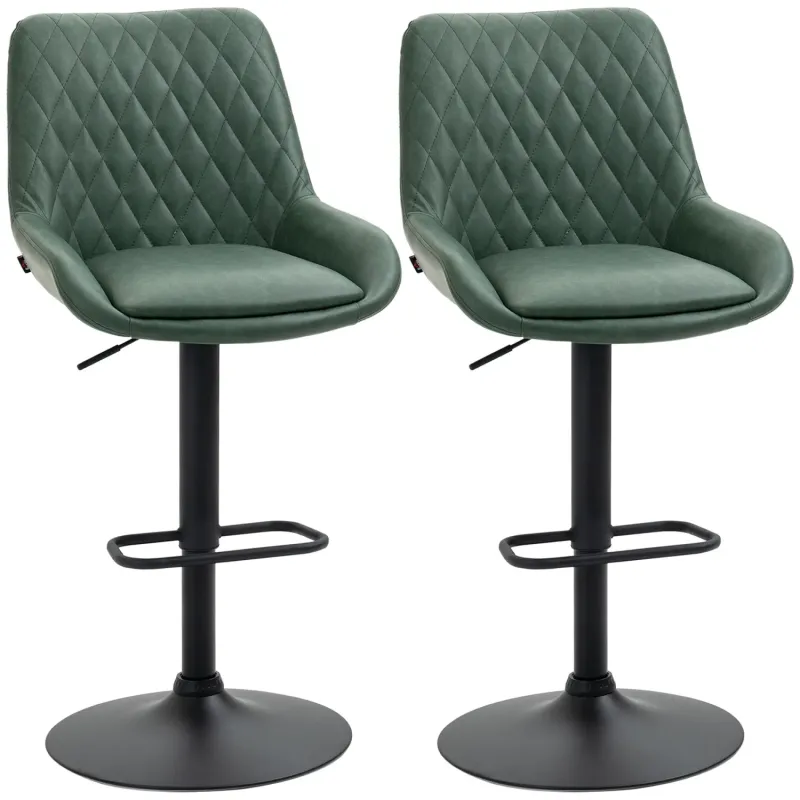  Set of 2 Adjustable Swivel Bar Stools with Tufted Upholstery - Green
