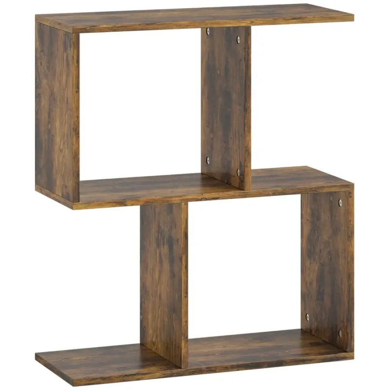  S-Shaped Narrow Side Table with 3-Tier Storage Shelves - Rustic Brown