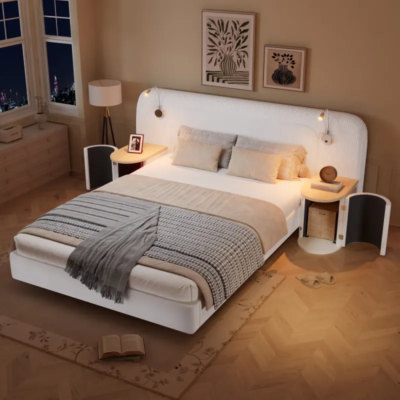 4ft6 Double Beige Velvet Upholstered Bed with Integrated Bedside Table and Reading Light