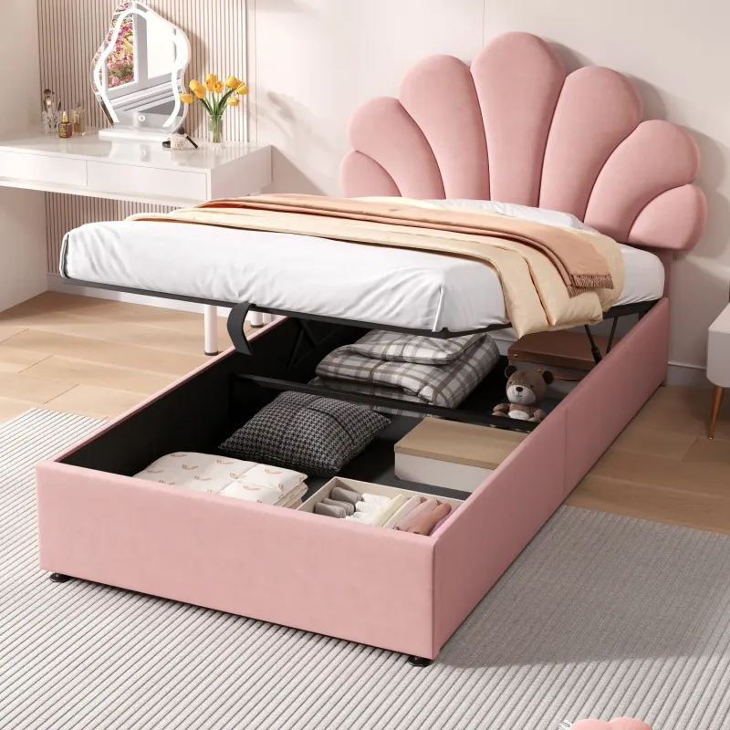 Pink Velvet Petal Single Ottoman Bed with Adjustable Headboard