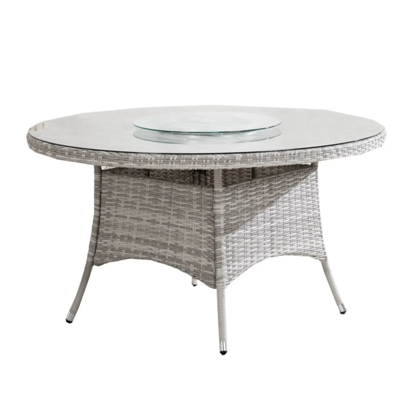 6 Seater Round Outdoor Rattan Dining Table with Glass Turntable - Whitewash